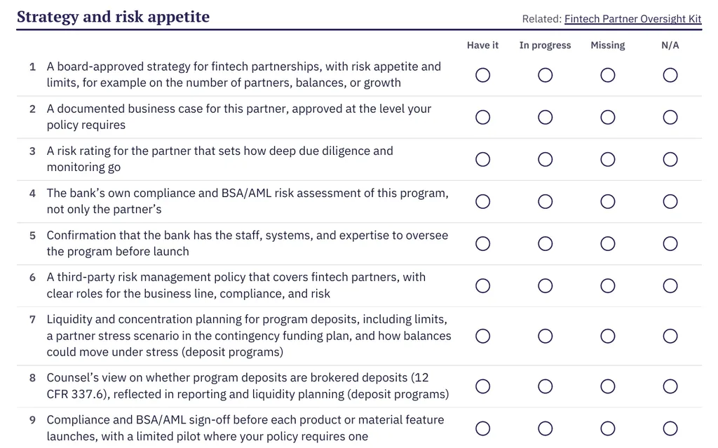 Page from the Fintech Partner Due Diligence Checklist showing the strategy and risk appetite items, each with Have it, In progress, Missing, and N/A columns